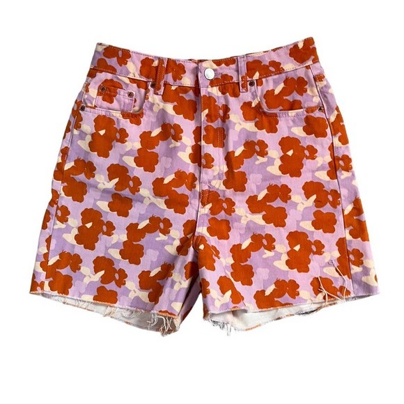 Zara The 90's Short Poppy Flower Print High Waist‎ Raw Hem Cutoff Denim Size 4 - Picture 1 of 7